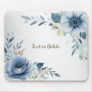 Dusty Blue Waterverf Flowers Silver Elegant Muismat