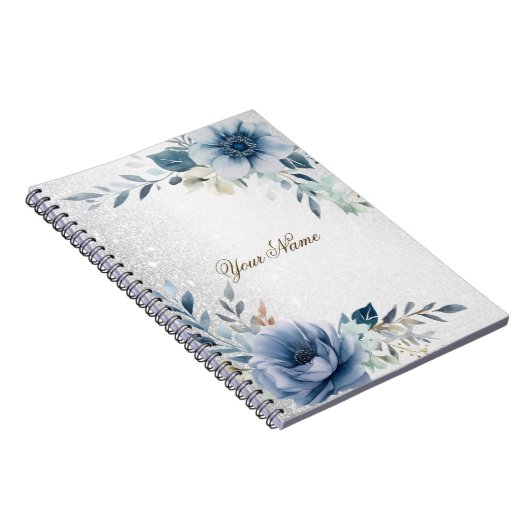 Dusty Blue Waterverf Flowers Silver Elegant Notitieboek (Rechterzijde)