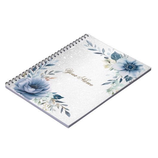 Dusty Blue Waterverf Flowers Silver Elegant Notitieboek (Linkerzijde)