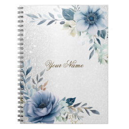 Dusty Blue Waterverf Flowers Silver Elegant Notitieboek