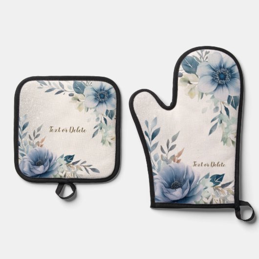 Dusty Blue Waterverf Flowers Silver Elegant Ovenwant & Pannenlap Set (Voorkant)