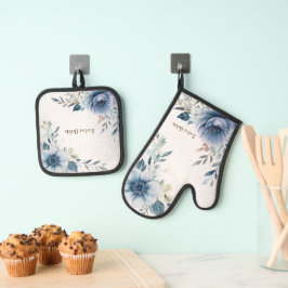 Dusty Blue Waterverf Flowers Silver Elegant Ovenwant & Pannenlap Set