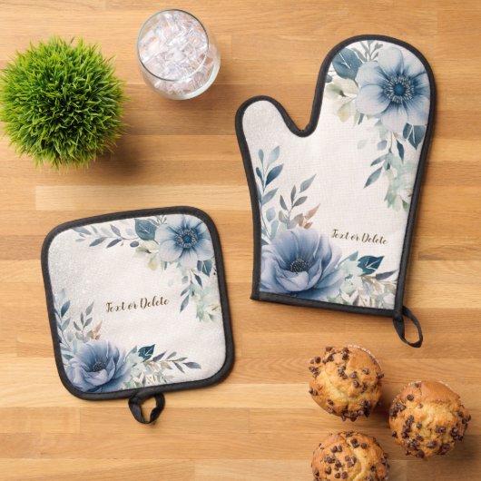 Dusty Blue Waterverf Flowers Silver Elegant Ovenwant & Pannenlap Set (Top down)