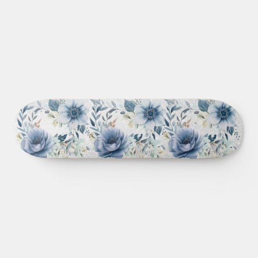 Dusty Blue Waterverf Flowers Silver Elegant Persoonlijk Skateboard (Horizontaal)