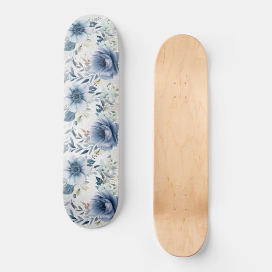 Dusty Blue Waterverf Flowers Silver Elegant Persoonlijk Skateboard (Voorkant)