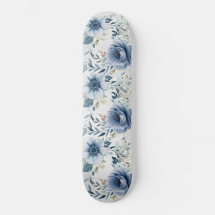 Dusty Blue Waterverf Flowers Silver Elegant Persoonlijk Skateboard