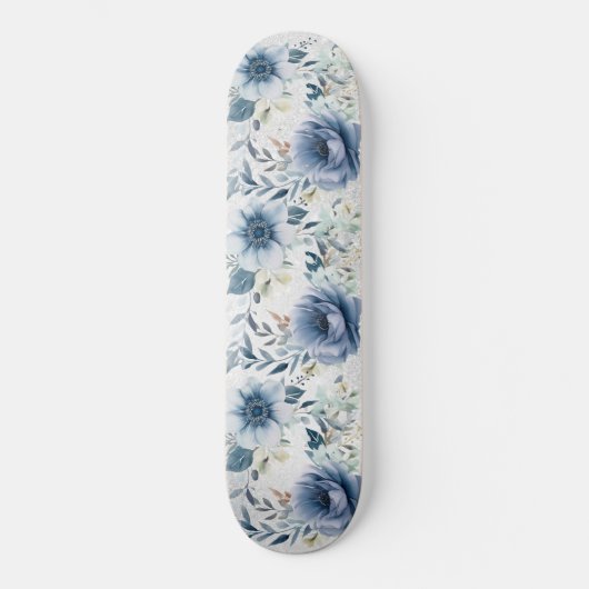 Dusty Blue Waterverf Flowers Silver Elegant Persoonlijk Skateboard (Voorkant)