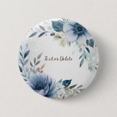 Dusty Blue Waterverf Flowers Silver Elegant Ronde Button 5,7 Cm (Voorkant)