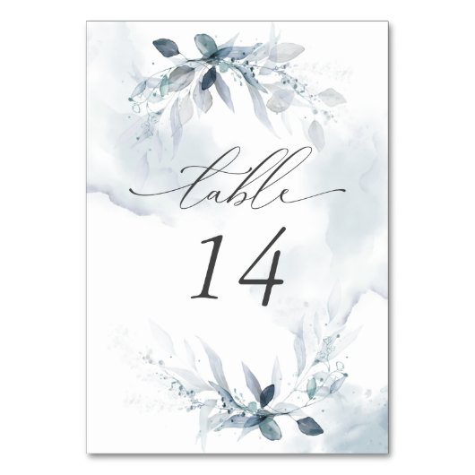 Dusty Blue Waterverf Foliage Table Number Kaart (Voorkant)