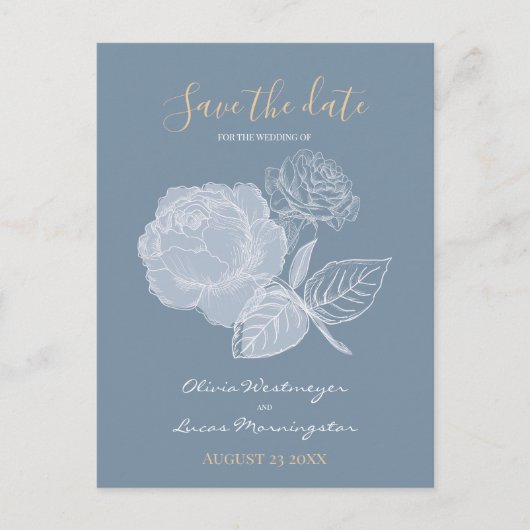 Dusty Blue Waterverf Gilded Roos Save the Date Briefkaart (Voorkant)