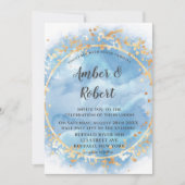 Dusty Blue Waterverf Gold Wedding Invitations (Voorkant)