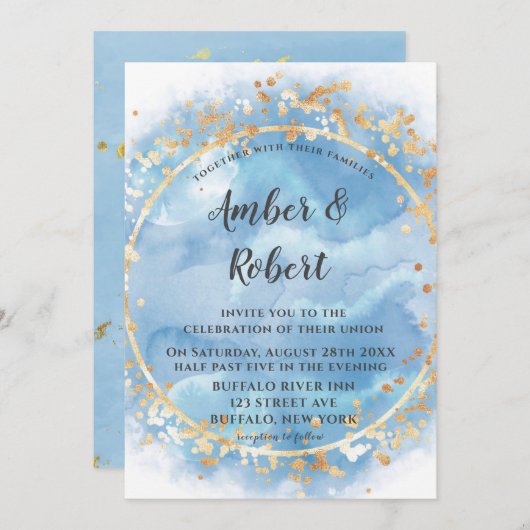Dusty Blue Waterverf Gold Wedding Invitations (Voorkant / Achterkant)