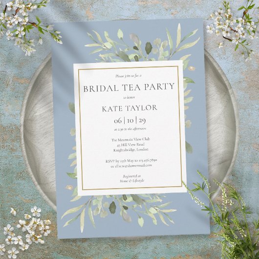 Dusty Blue Waterverf Greenery Bridal Tea Party Kaart