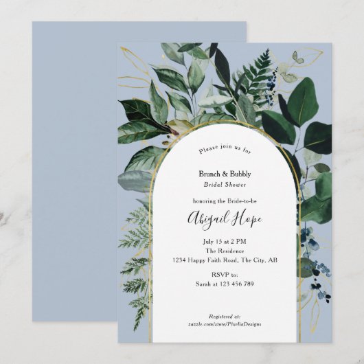 Dusty BLue Waterverf Greenery Bruids lunch Kaart (Voorkant / Achterkant)