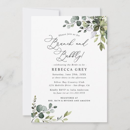 Dusty Blue Waterverf Greenery Brunch & Bubble Kaart (Voorkant)