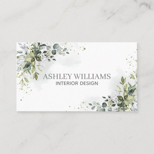 Dusty Blue Waterverf Greenery Elegant Visitekaartje (Voorkant)