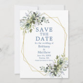 Dusty Blue Waterverf Greenery Gold Geo Lijst Save The Date (Voorkant)