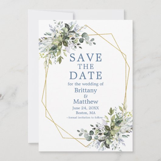 Dusty Blue Waterverf Greenery Gold Geo Lijst Save The Date (Voorkant)