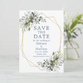 Dusty Blue Waterverf Greenery Gold Geo Lijst Save The Date (Staand voorkant)