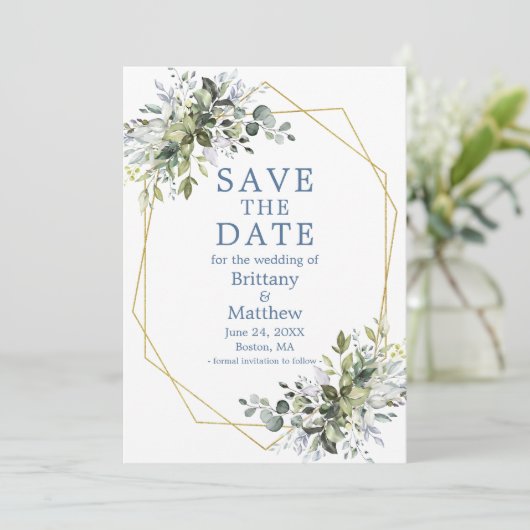 Dusty Blue Waterverf Greenery Gold Geo Lijst Save The Date (Staand voorkant)