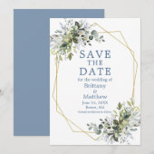 Dusty Blue Waterverf Greenery Gold Geo Lijst Save The Date (Voorkant / Achterkant)