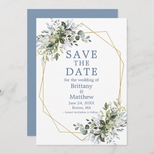 Dusty Blue Waterverf Greenery Gold Geo Lijst Save The Date (Voorkant / Achterkant)