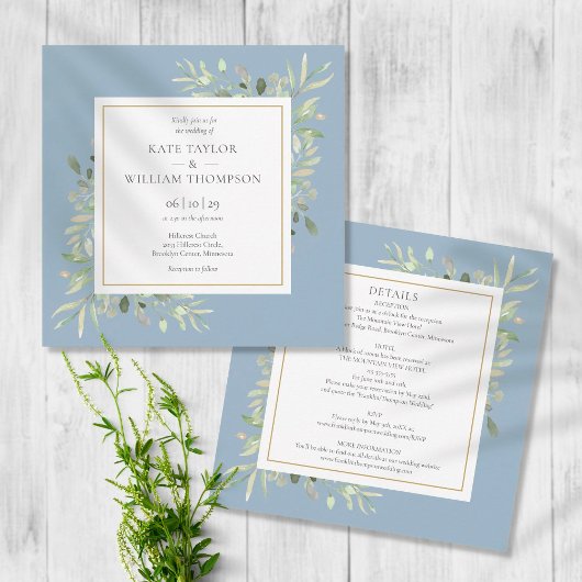 Dusty Blue Waterverf Greenery in one Wedding Kaart