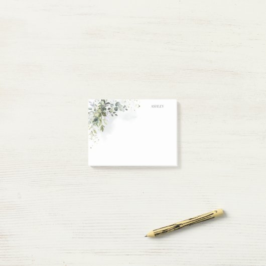 Dusty Blue Waterverf Greenery Name Monogram Post-it® Notes (Op bureau)