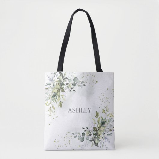 Dusty Blue Waterverf Greenery Name Monogram Tote Bag (Voorkant)