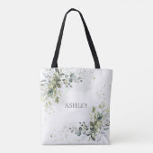 Dusty Blue Waterverf Greenery Name Monogram Tote Bag (Achterkant)