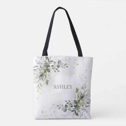 Dusty Blue Waterverf Greenery Name Monogram Tote Bag (Achterkant)