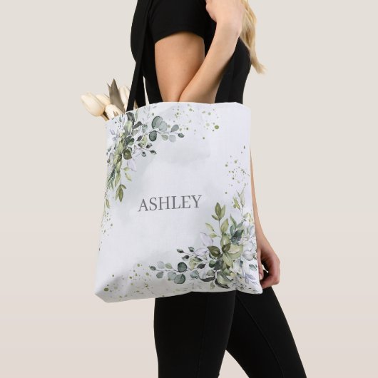 Dusty Blue Waterverf Greenery Name Monogram Tote Bag (Dichtbij)