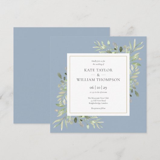 Dusty Blue Waterverf Greenery Wedding Kaart (Voorkant / Achterkant)