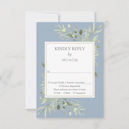 Dusty Blue Waterverf Greenery Wedding RSVP (Voorkant)