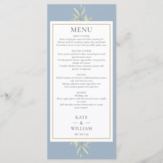 Dusty Blue Waterverf Groen Bruiloft Diner Menu (Voorkant)