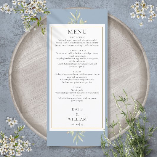 Dusty Blue Waterverf Groen Bruiloft Diner Menu