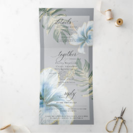 Dusty Blue Waterverf Hibiscus Foliage Wedding Drieluik Uitnodiging