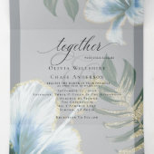 Dusty Blue Waterverf Hibiscus Foliage Wedding Drieluik Uitnodiging (Binnenkant midden)