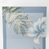 Dusty Blue Waterverf Hibiscus Foliage Wedding Tri Drieluik Uitnodiging (Binnenzijde eerst)