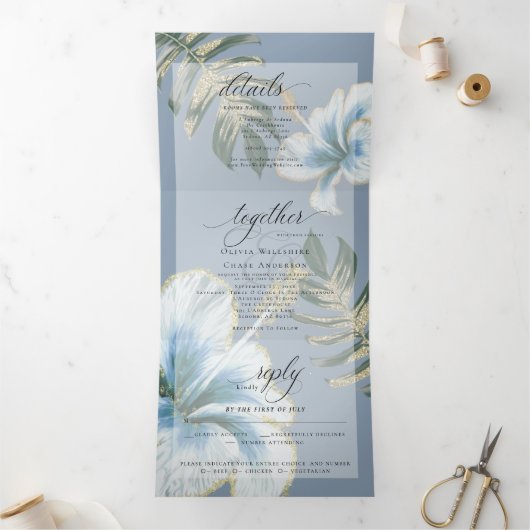 Dusty Blue Waterverf Hibiscus Foliage Wedding Tri Drieluik Uitnodiging (Binnen)