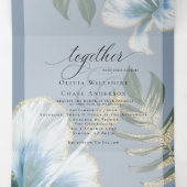Dusty Blue Waterverf Hibiscus Foliage Wedding Tri Drieluik Uitnodiging (Binnenkant midden)