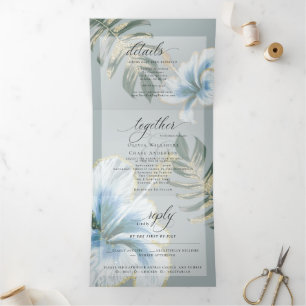 Dusty Blue Waterverf Hibiscus Foliage Wedding Tri Drieluik Uitnodiging