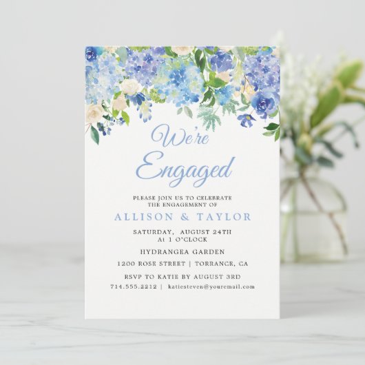 Dusty Blue Waterverf Hydrangea Engagement Party Kaart (Staand voorkant)