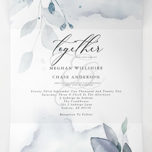 Dusty Blue Waterverf IN ÉÉN WEDING Drieluik Uitnodiging (Binnenkant midden)