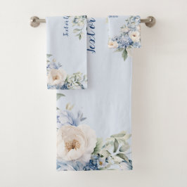 Dusty Blue Waterverf Ivoren Bloemen Bladeren Bad Handdoek