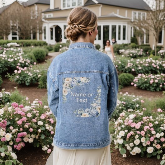 Dusty Blue Waterverf Ivoren Bloemen Bladeren Denim Jacket (Huwelijk Achterkant)