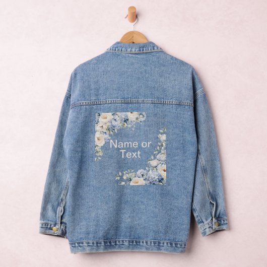 Dusty Blue Waterverf Ivoren Bloemen Bladeren Denim Jacket (Hangar)