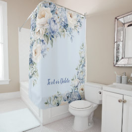 Dusty Blue Waterverf Ivoren Bloemen Bladeren Douchegordijn