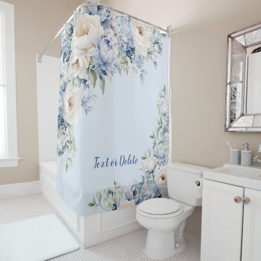 Dusty Blue Waterverf Ivoren Bloemen Bladeren Douchegordijn (In situ)