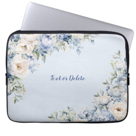 Dusty Blue Waterverf Ivoren Bloemen Bladeren Laptop Sleeve